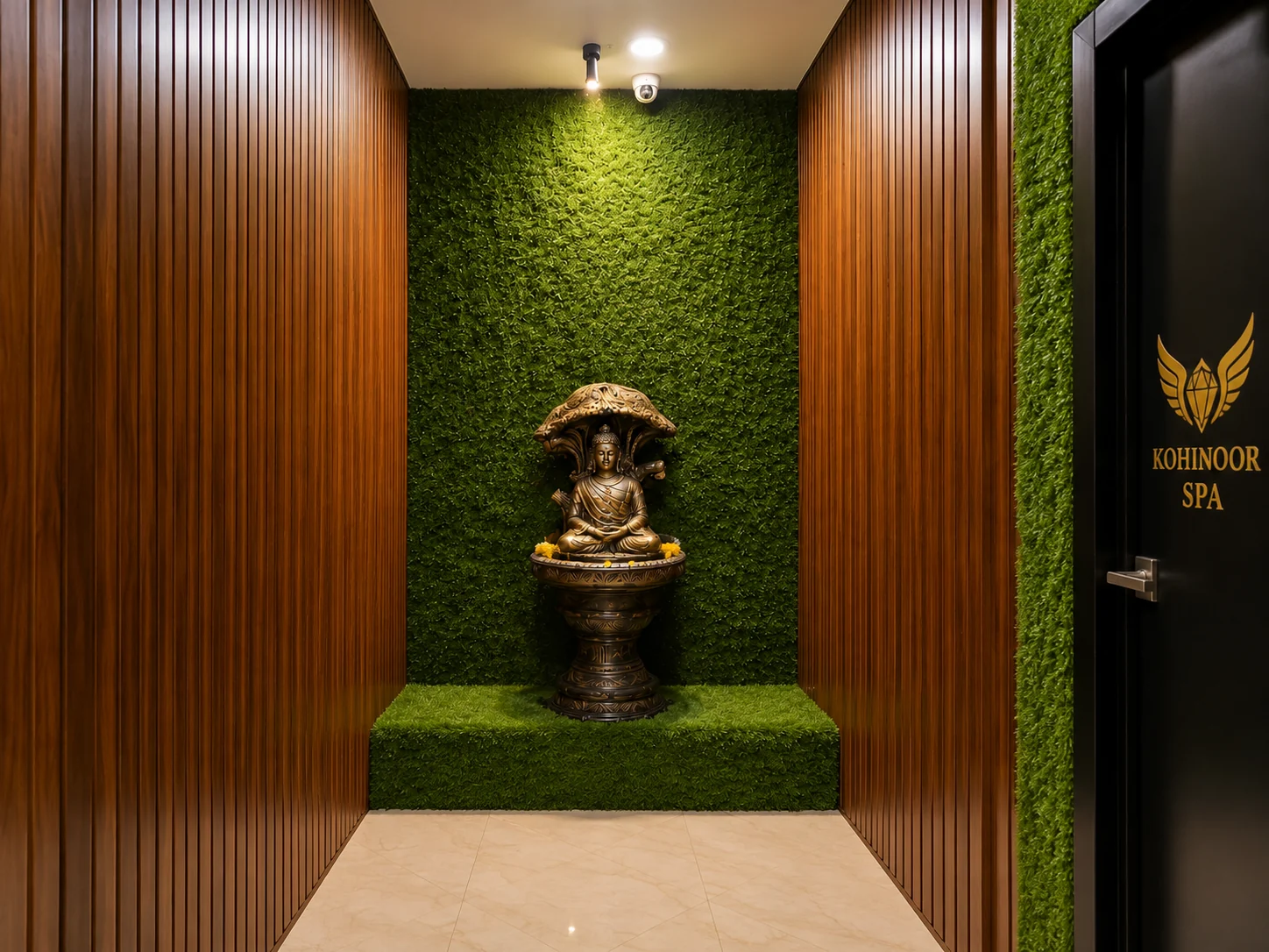 Buddha and green wall interior at Kohinoor Spa